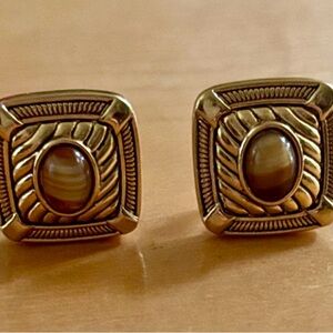Gold tone and Amber & Cream Stone Cable style clip on earrings
